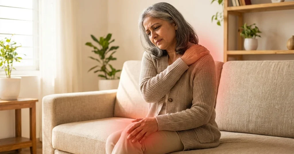 Supporting Degenerative Joint Pain: How EMTT May Help Improve Mobility and Reduce Discomfort Woman holding her shoulder and knee while sitting on a sofa